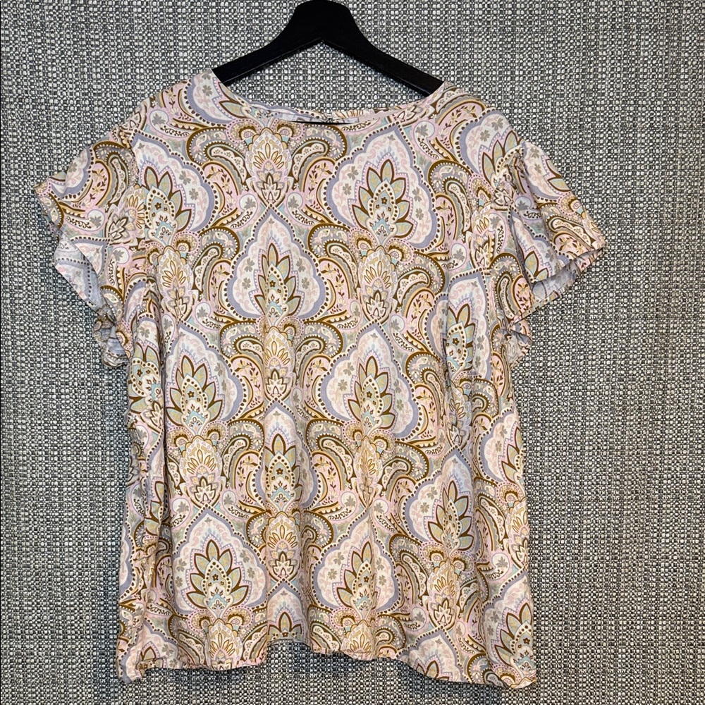 Philosophy Pink and Gold Paisley‎ Blouse Top Flutter Sleeves Boxy Linen Blend